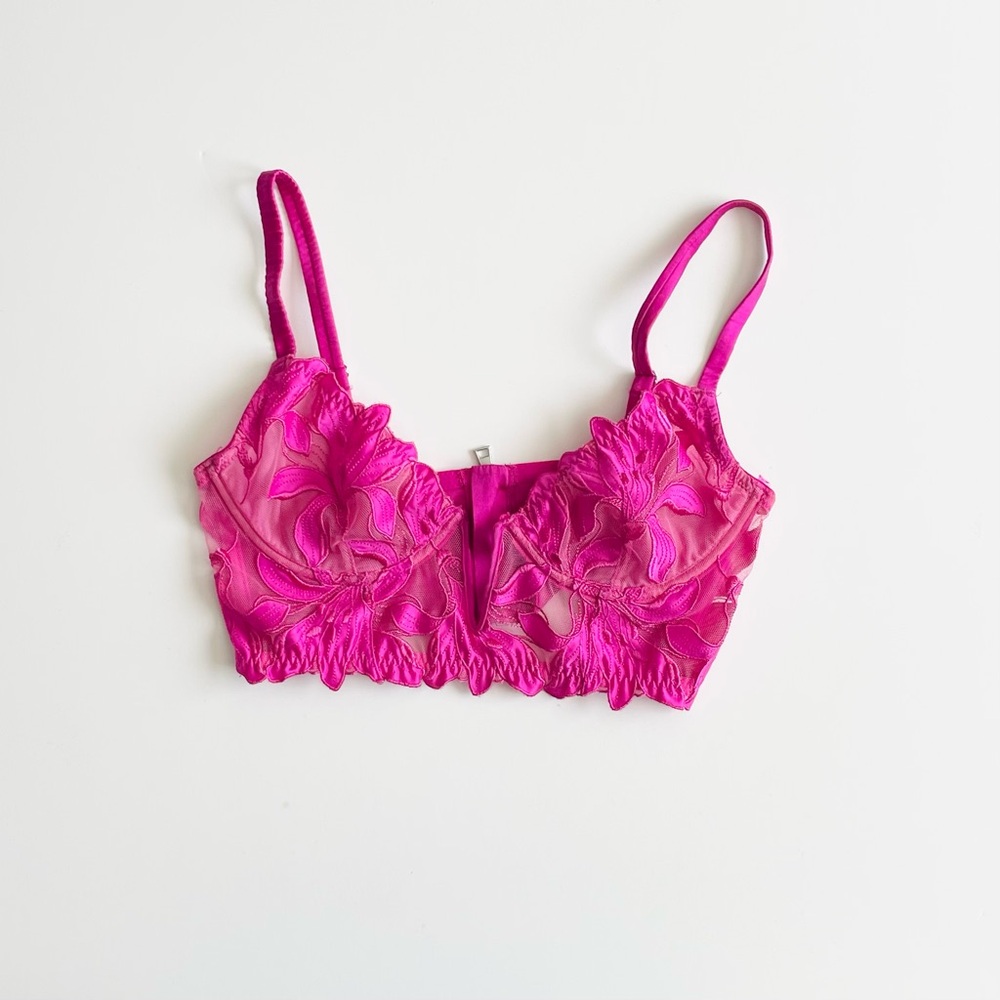 Fleur du Mal 32B Lily embroidered longlined unlined demi bra in fuchsia pink